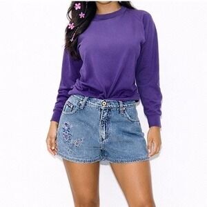 Y2k Matching Jean Shorts Set Womens S Embroidered Butterfly Purple Sweatshirt
